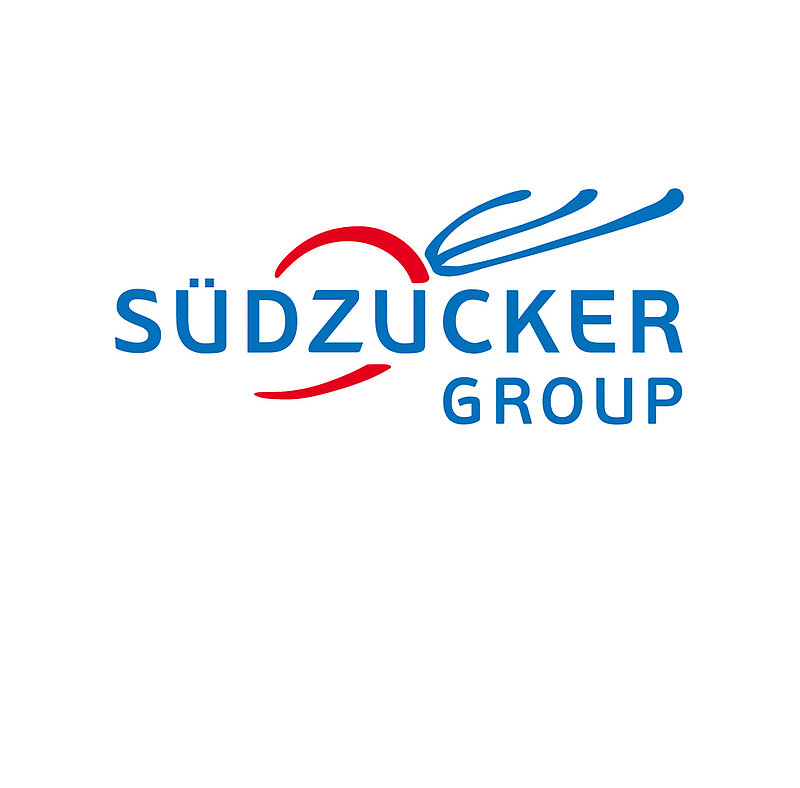 Blaues "Südzucker Group" Logo mit roten Applikationen. 