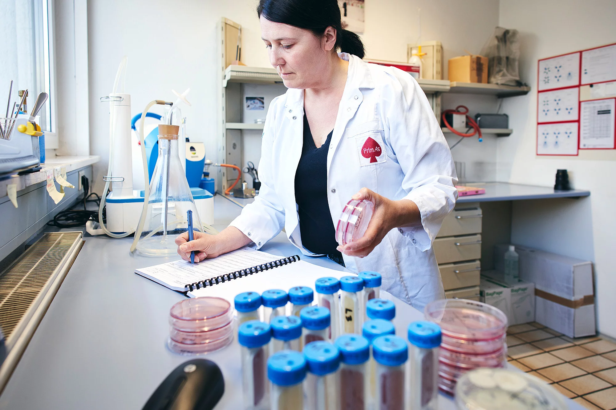 Eine Mitarbeiterin hält Plexiglas-Behälter in der Hand und schreibt etwas auf ein Blatt Papier.