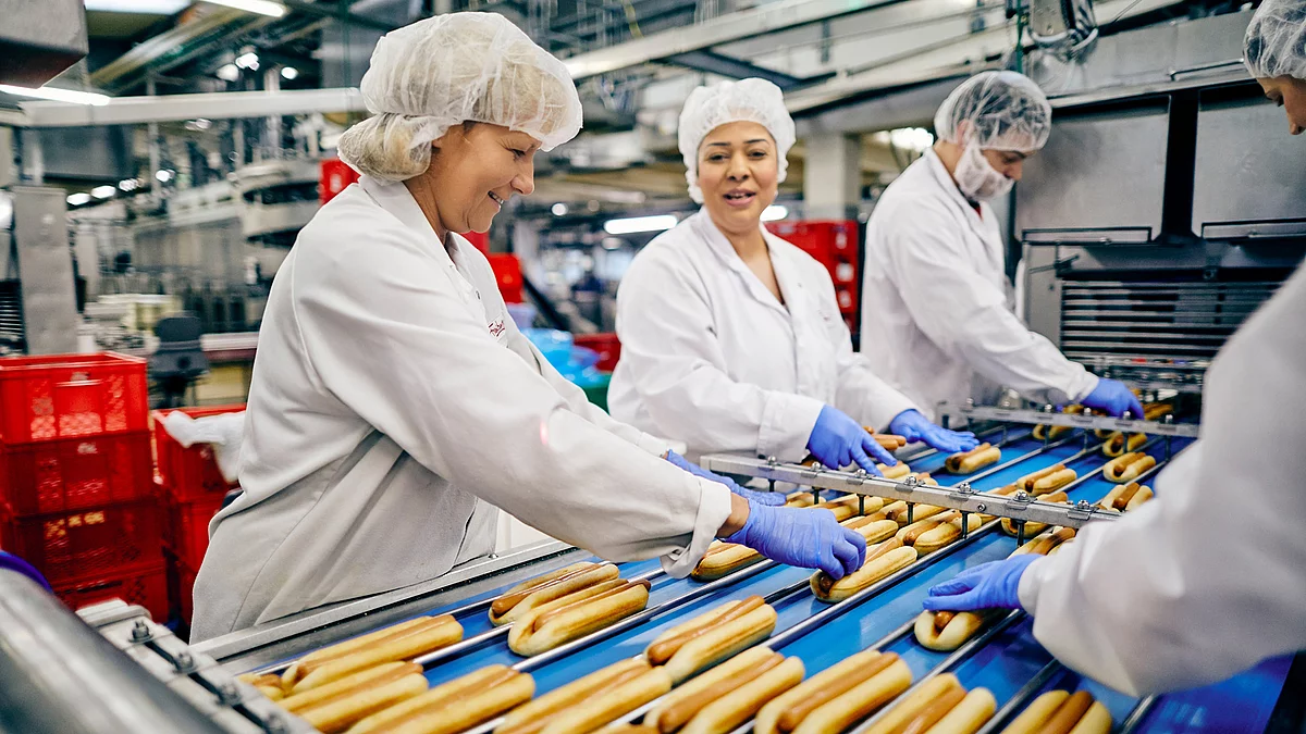 Vier Mitarbeitende in Arbeitskleidung an Hotdog Produktionsband.