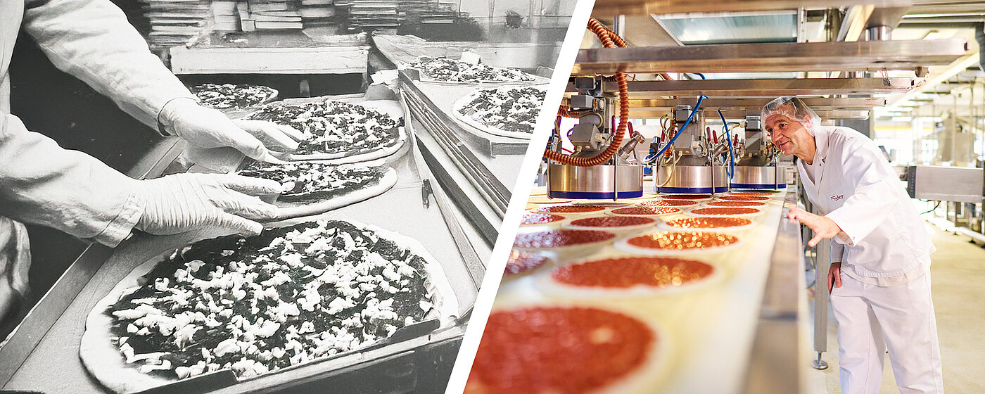 Splitscreen: Schwarzweißbild mit Händen an den Pizzen und farbigem Bild eines Mitarbeiters an einer Maschine. 