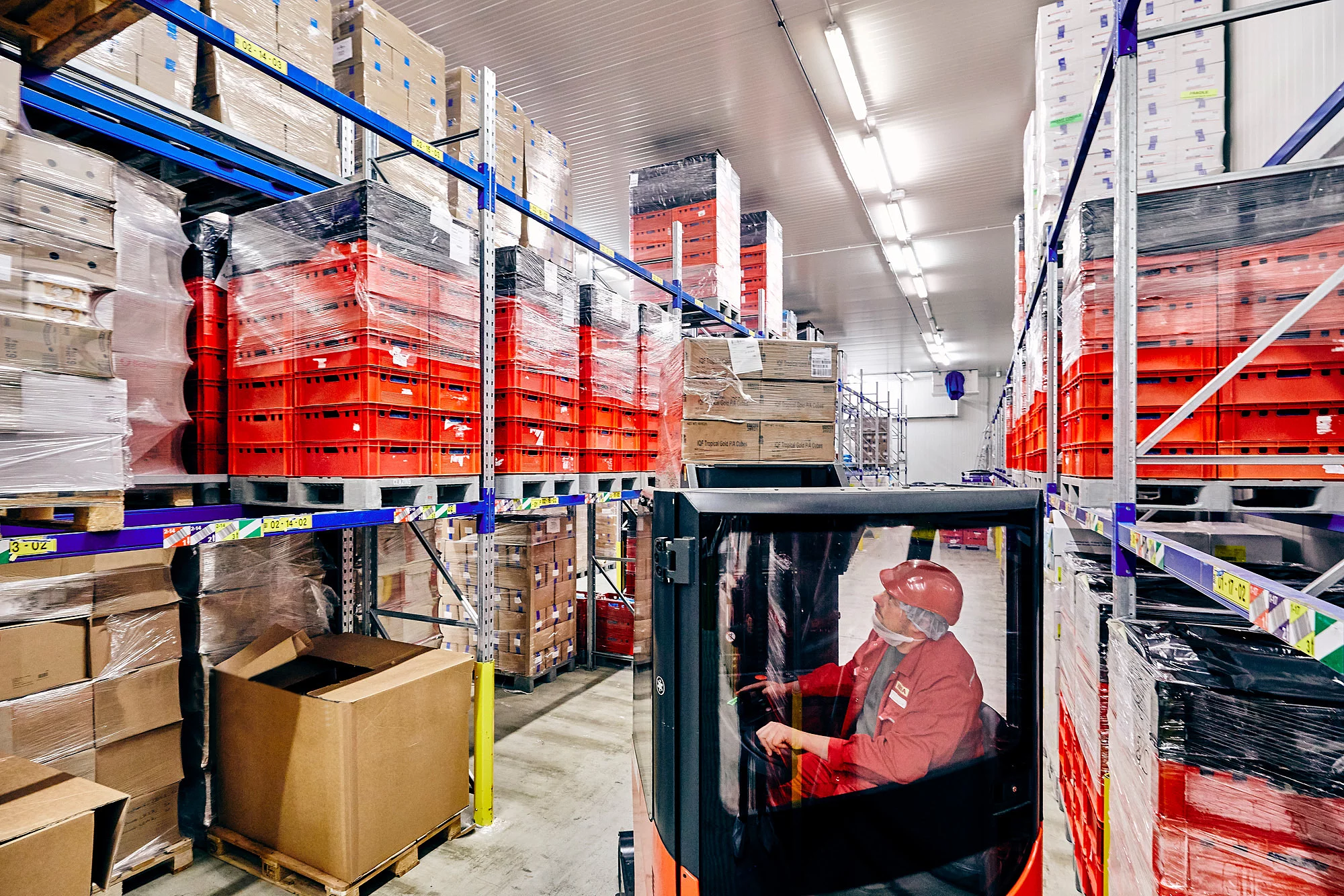 Mitarbeiter in Arbeitskleidung mit Helm in einem Gabelstapler im Lager.