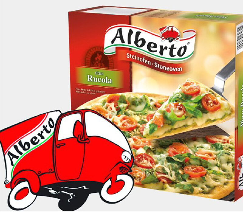 Pizzakarton mit "Alberto" Pizza Rucola. Davor das Alberto Logo, ein roter Lieferwagen mit "Alberto" Schriftzug. 