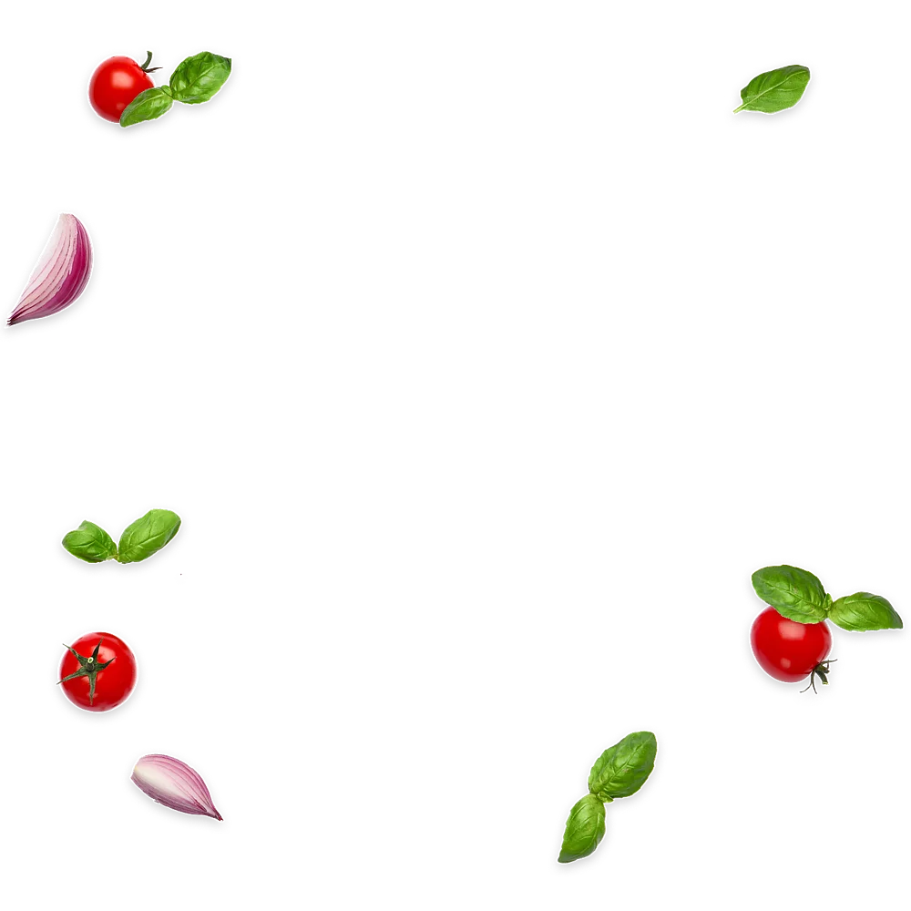 Freigestellte, im Kreis angeordnet Tomaten, Pilzscheiben und Basilikum-Blätter.