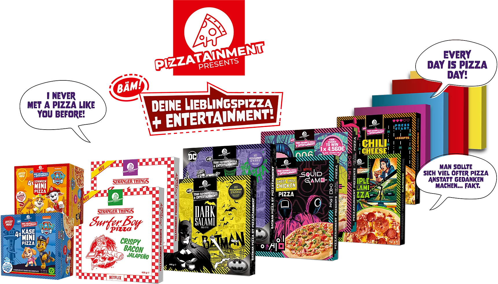 Freigestellte Verpackungen der unterschiedlichen Pizzen. 