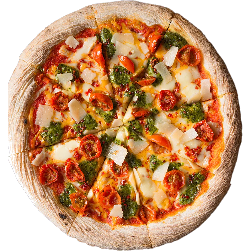 Freigestellte geschnittene Pizza von oben, mit Tomaten, Pesto und Parmesan.